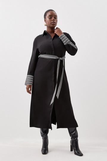 Black Plus Size Stripe Twill Belted Woven Midi Shirt Dress