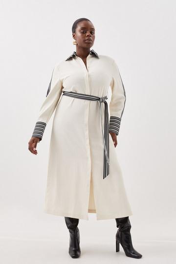 Plus Size Stripe Twill Belted Woven Midi Shirt Dress ivory