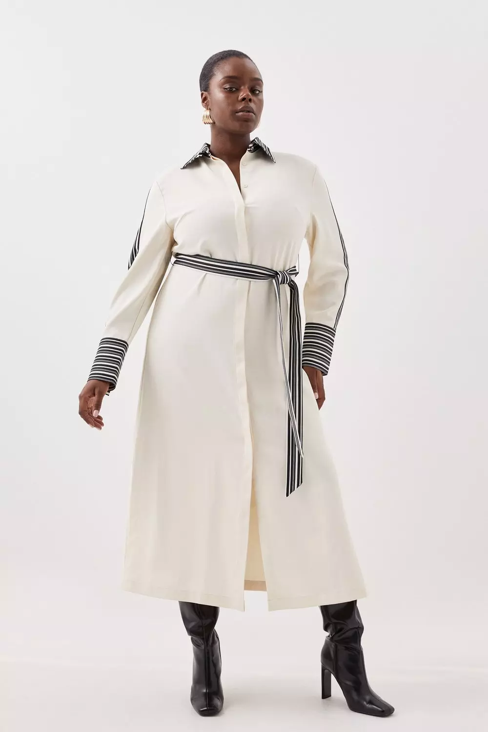 Plus Size Stripe Twill Belted Woven Midi Shirt Dress | Karen Millen