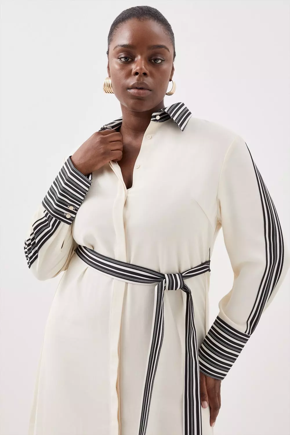 Plus Size Stripe Twill Belted Woven Midi Shirt Dress | Karen Millen