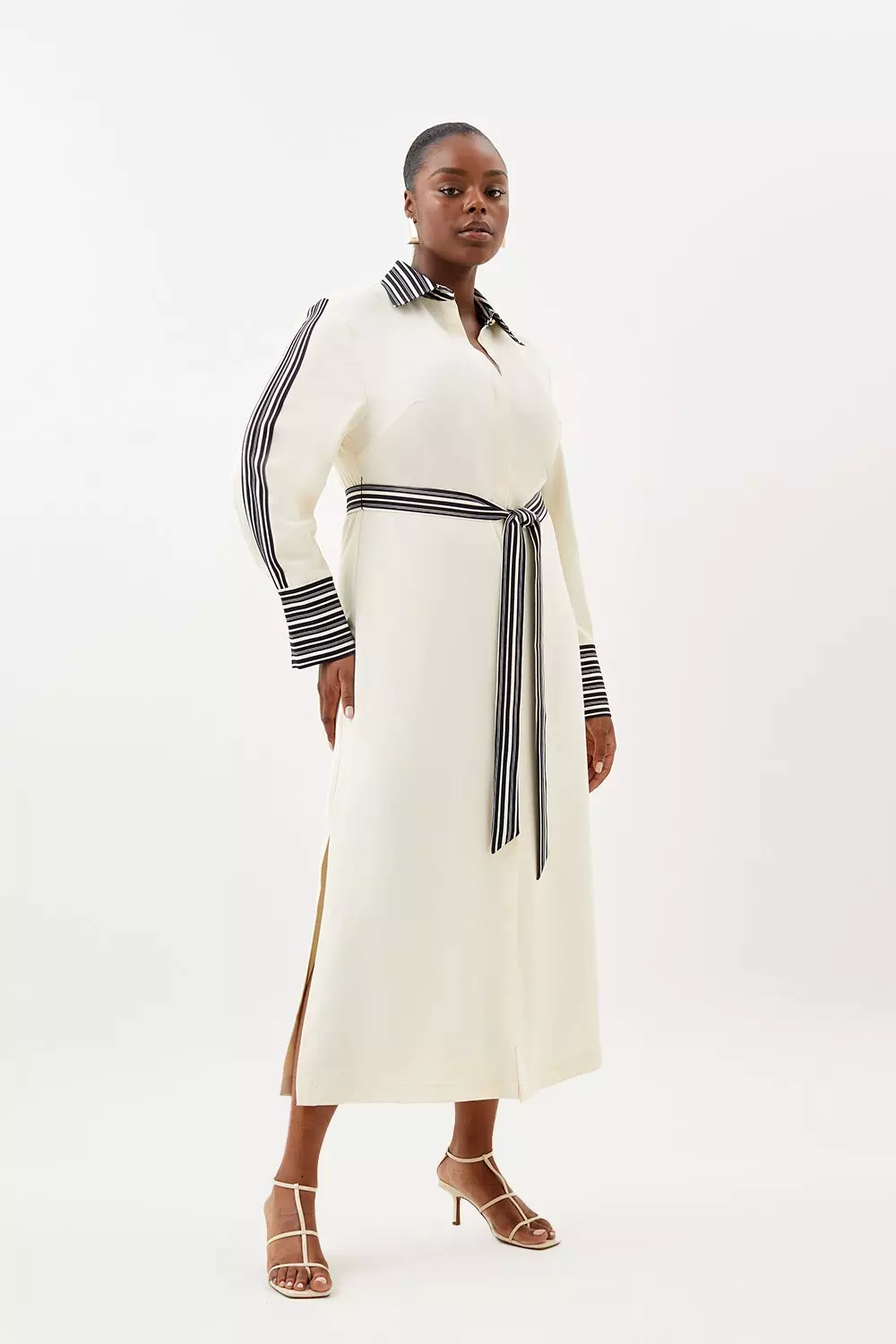 Plus Size Stripe Twill Belted Woven Midi Shirt Dress | Karen Millen