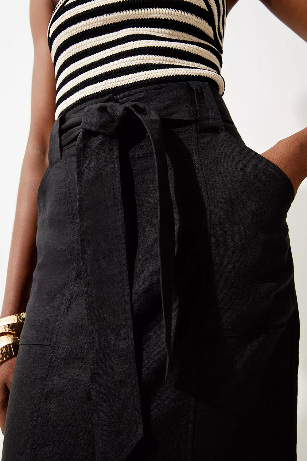 Linen Military Belted Column Maxi Skirt