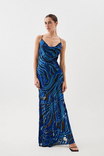 Velvet Devore Strappy Woven Midi Dress blue
