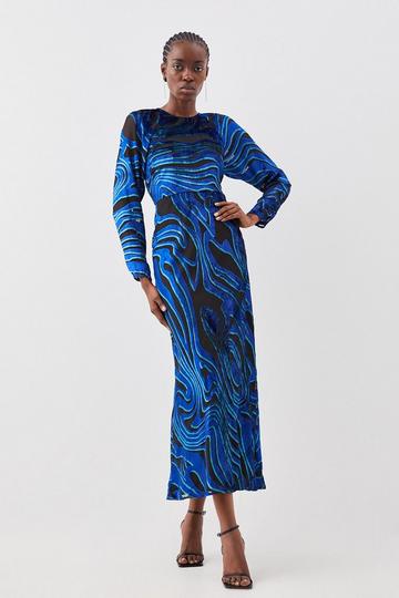 Blue Velvet Devore Woven Midaxi Column Dress