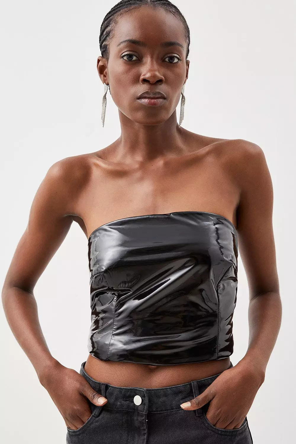 High Shine Stretch Faux Leather Tube Top | Karen Millen