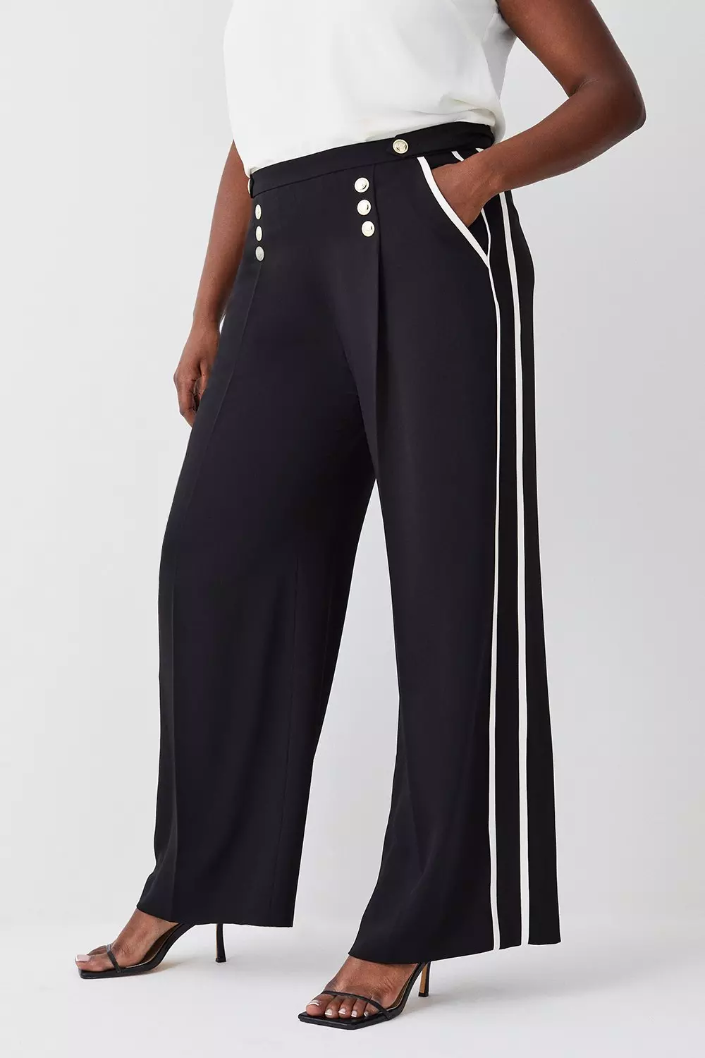 Plus Size Soft Tailored Pipe Detail Wide Leg Pants
