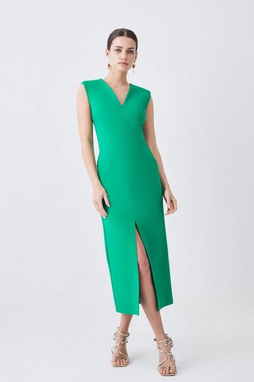 Green Petite Ponte Plunge Strong Shoulder Jersey Midi Dress