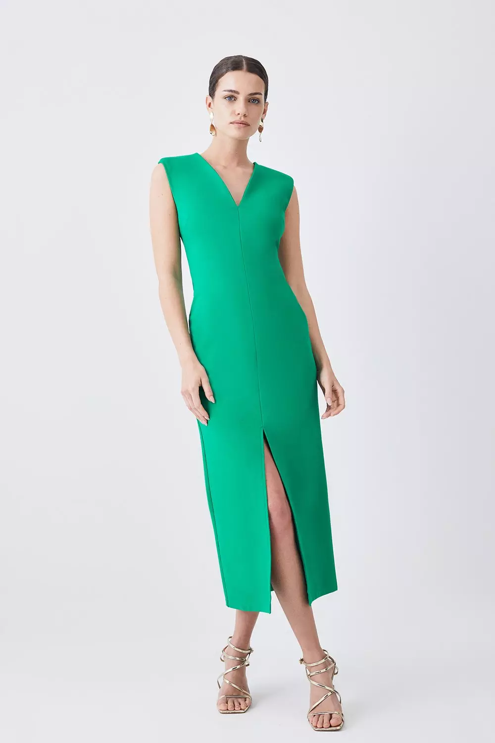 Petite Ponte Plunge Strong Shoulder Jersey Midi Dress