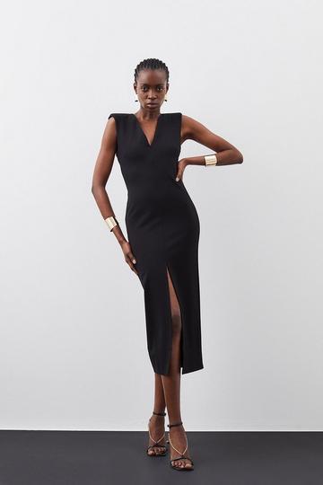 Black Ponte Plunge Strong Shoulder Jersey Midi Dress