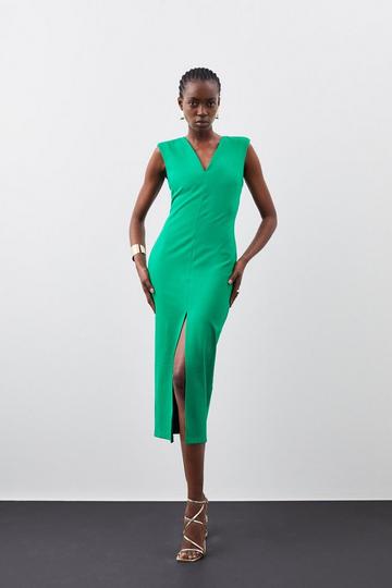 Green Ponte Plunge Strong Shoulder Jersey Midi Dress