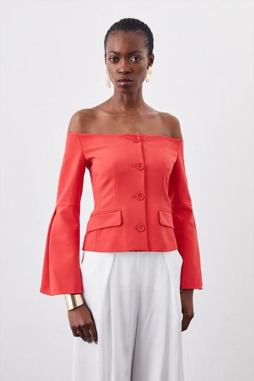 Red Stretch Crepe Sleeve Detail Bandeau Tailored Jacket