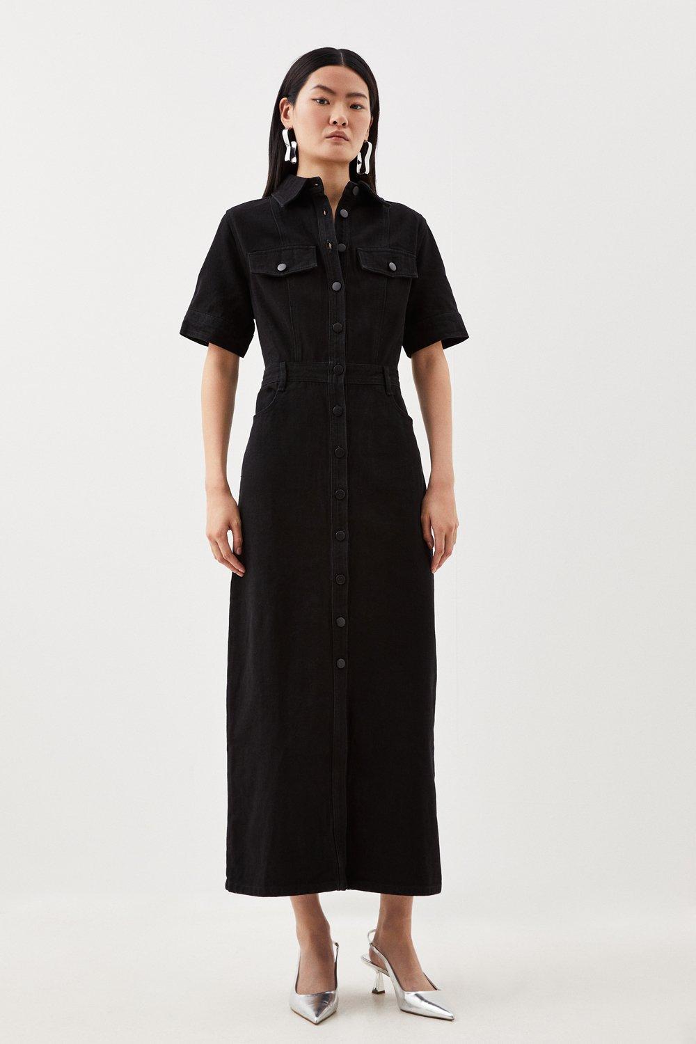 Denim Maxi Shirt Dress - Black