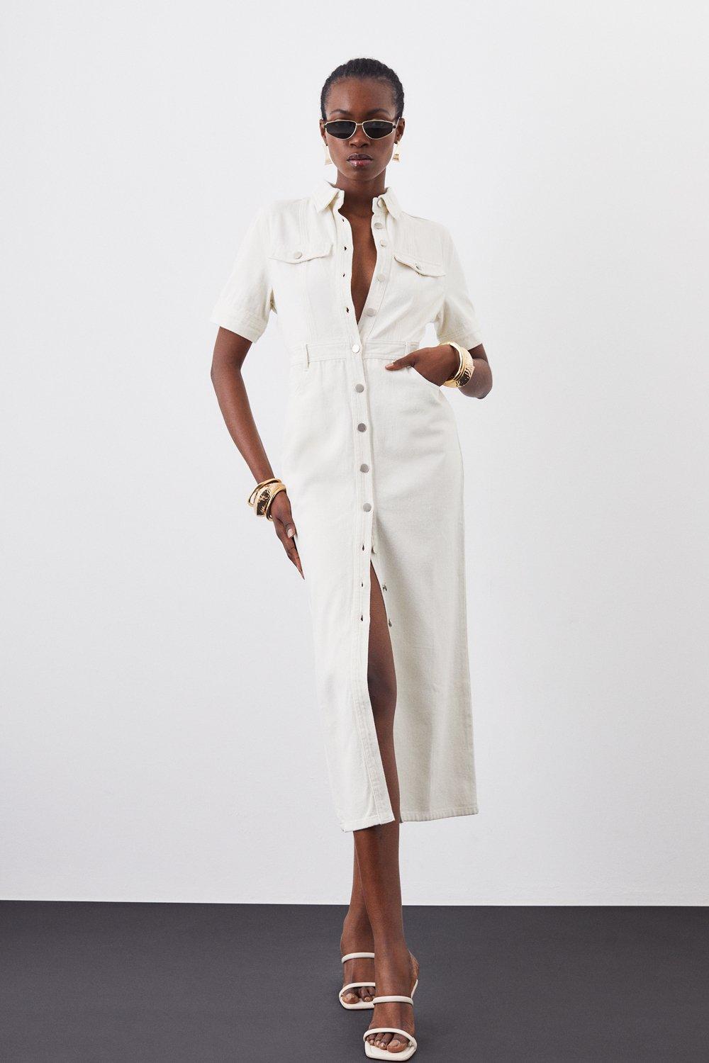 Denim Maxi Shirt Dress - Cream