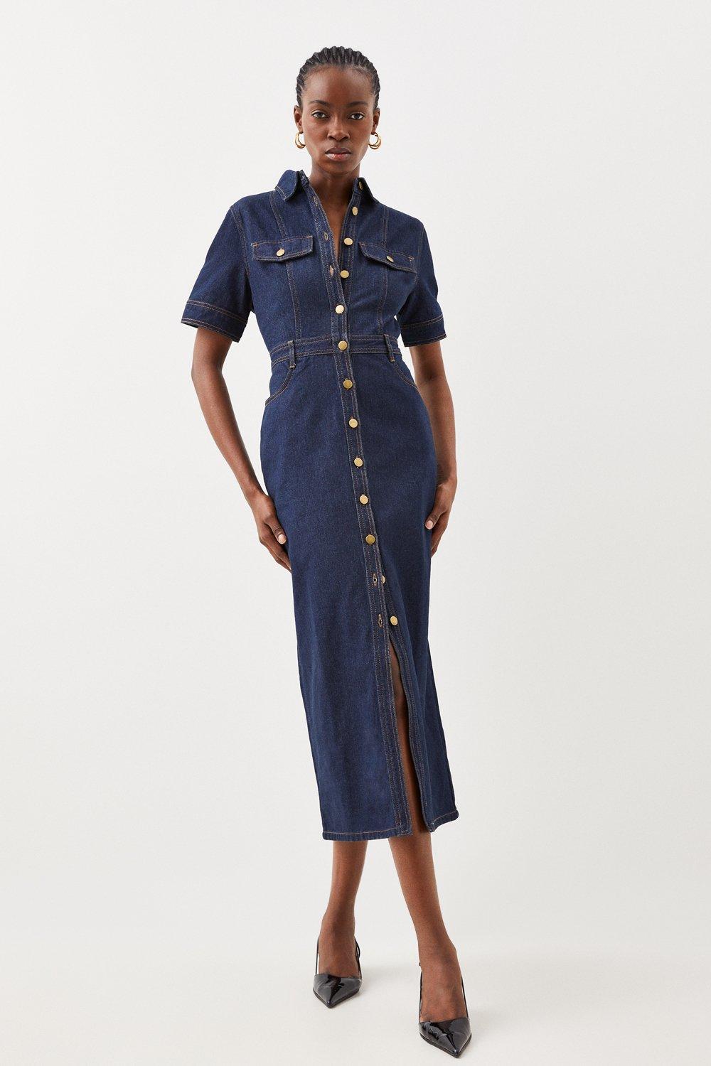 Solenne Scallop Denim Dress - Mid Wash