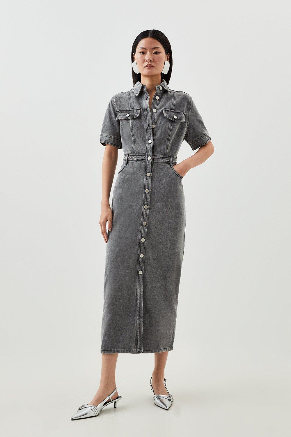 Denim Maxi Shirt Dress - Pale Grey