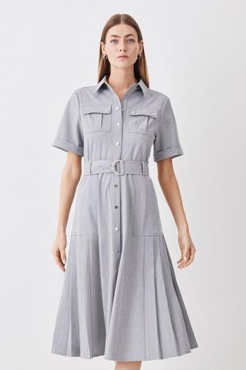 Grey Utility Pocket Belted Short Sleeve Midi Dress