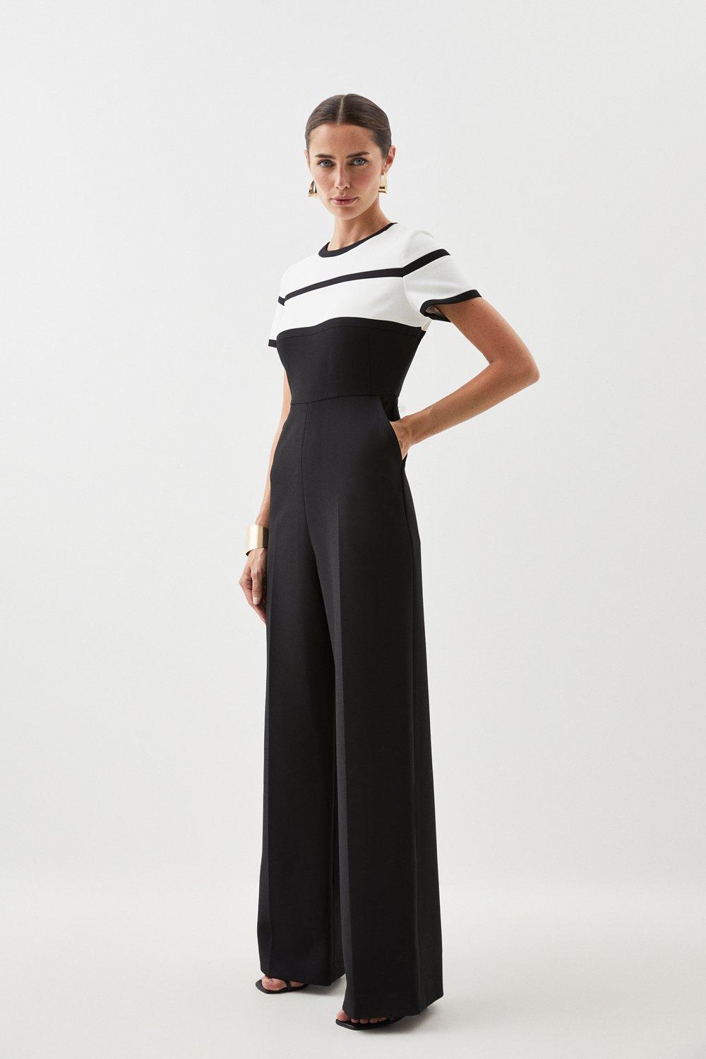 Compact Stretch Contrast Belted Jumpsuit | Karen Millen