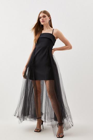Tailored Stretch Crepe Tulle Midi Dress black