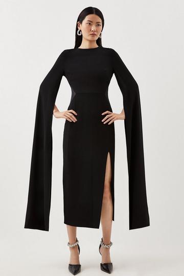 Black Tailored Compact Stretch Viscose Cape Mesh Panel Midi Dress