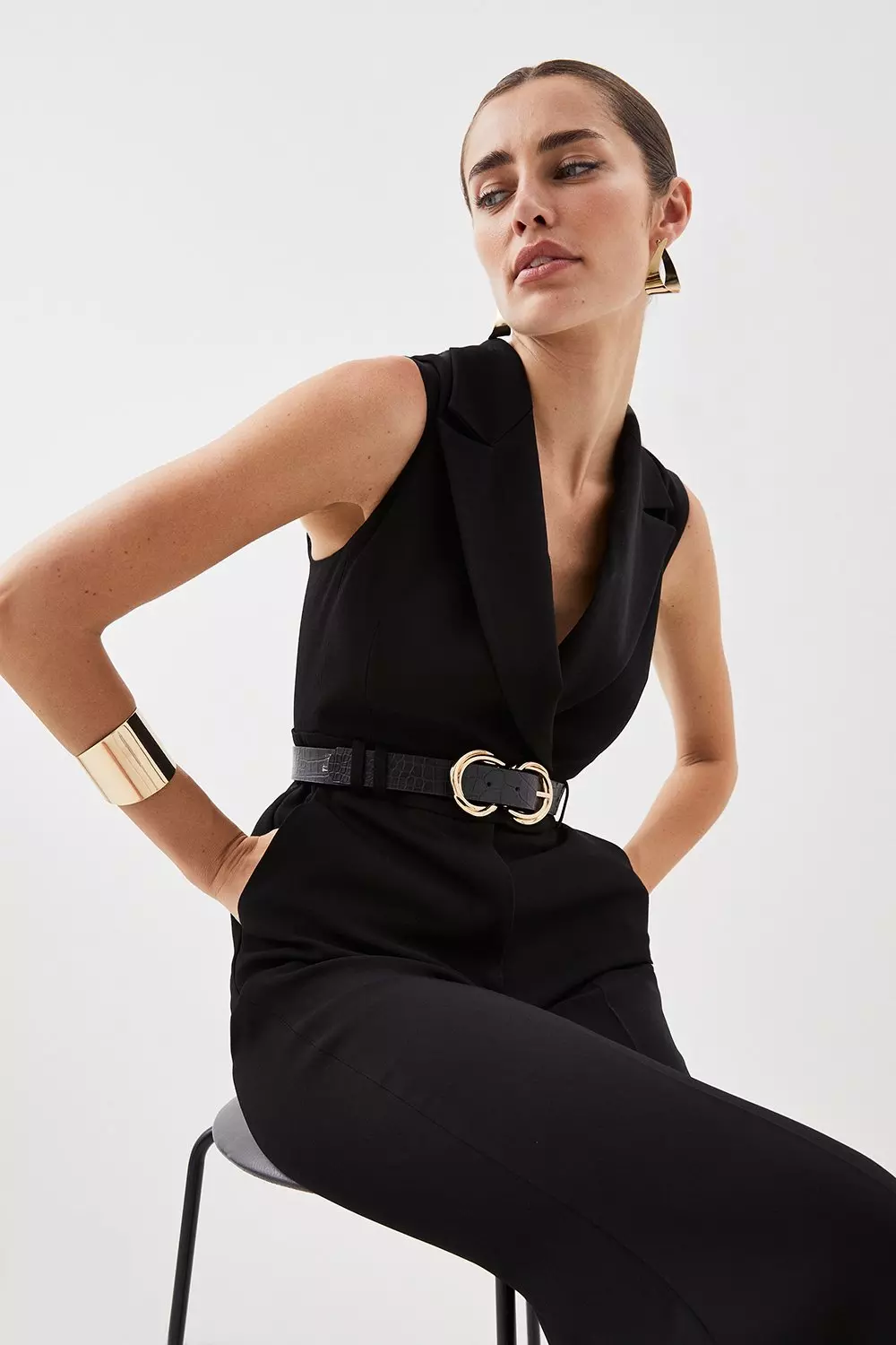 Compact Stretch Viscose Flared Jumpsuit | Karen Millen