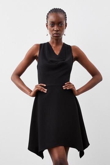Black Compact Stretch Viscose Cowl Neck Tailored Mini Dress