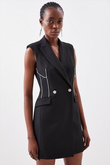 Black Tailored Compact Stretch Diamante Trim Mini Blazer Dress
