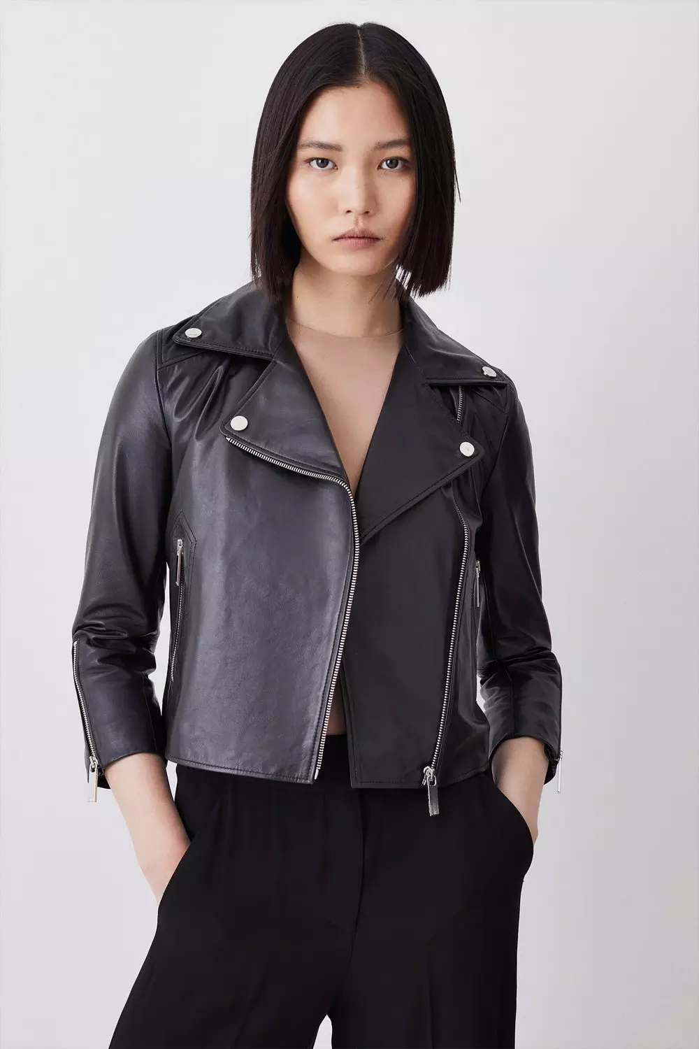 Petite Leather Shrunken Moto Jacket