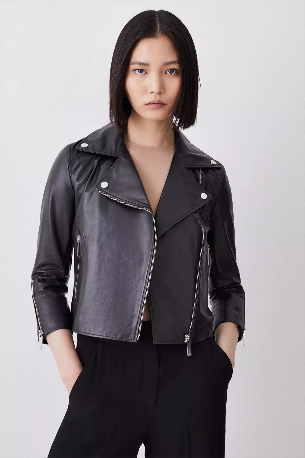 Karen millen black leather 2024 jacket