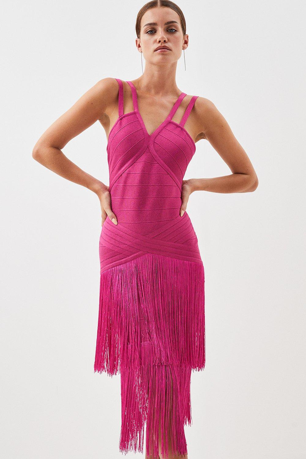 Petite Figure Form Bandage Fringe Knit Midi Dress