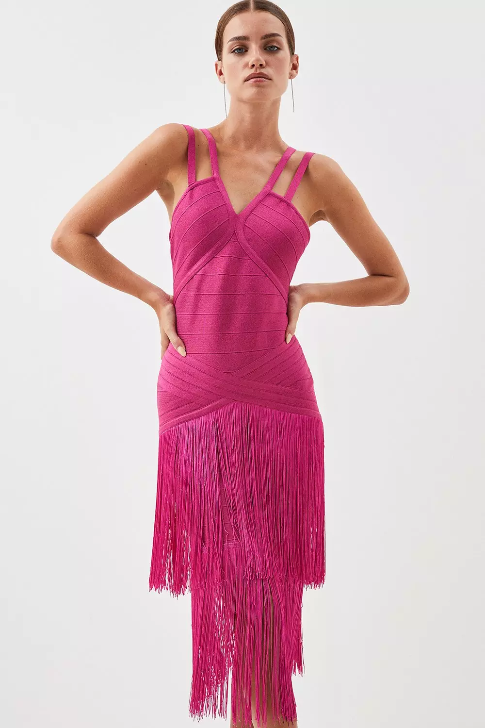 Petite Figure Form Bandage Fringe Knit Midi Dress | Karen Millen