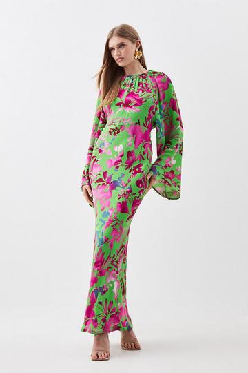 Multi Floral Angel Sleeve Woven Maxi Dress