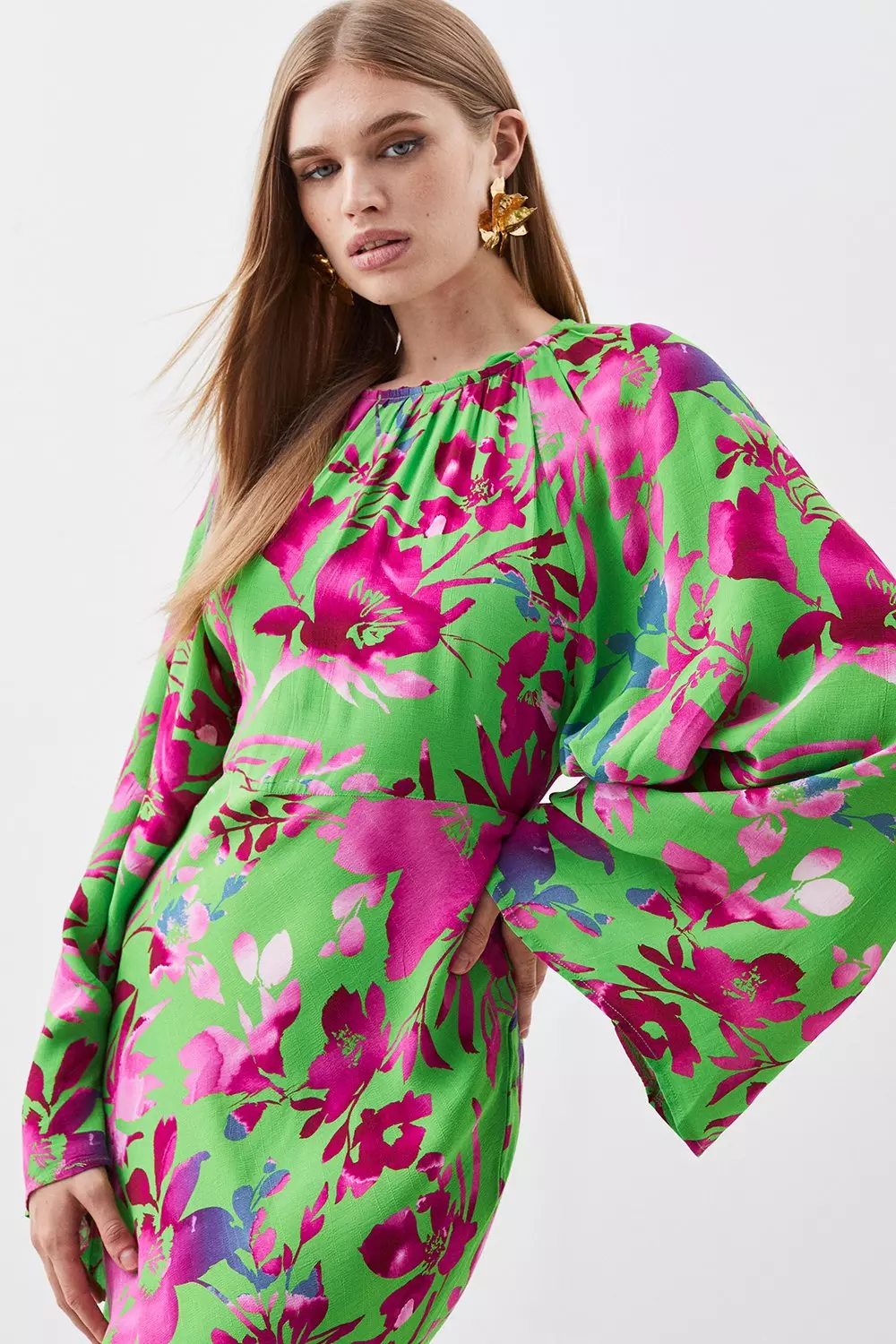 Floral Angel Sleeve Woven Maxi Dress | Karen Millen