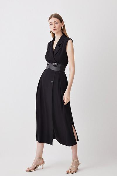 Petite Tailored Strong Shoulder Belted Midi Dress