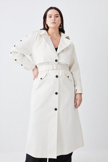 Plus Size Button Detail Belted Maxi Trench Coat ivory