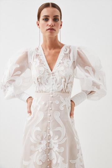 White Petite Applique Organdie Buttoned Woven Maxi Dress