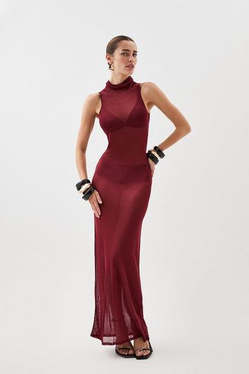 Burgundy Red Sheer Knit Racer Style Maxi Dress
