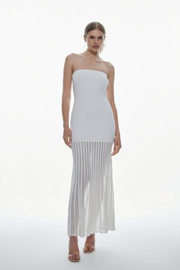 Ivory White Viscose Blend Sheer Knit Bandeau Pleated Skirt Midaxi Dress