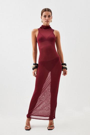 Burgundy Red Petite Sheer Knit Racer Style Maxi Dress