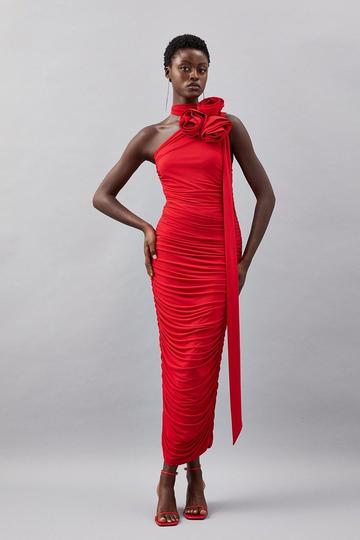 Red Drapey Ruched Jersey Rosette Midi Dress