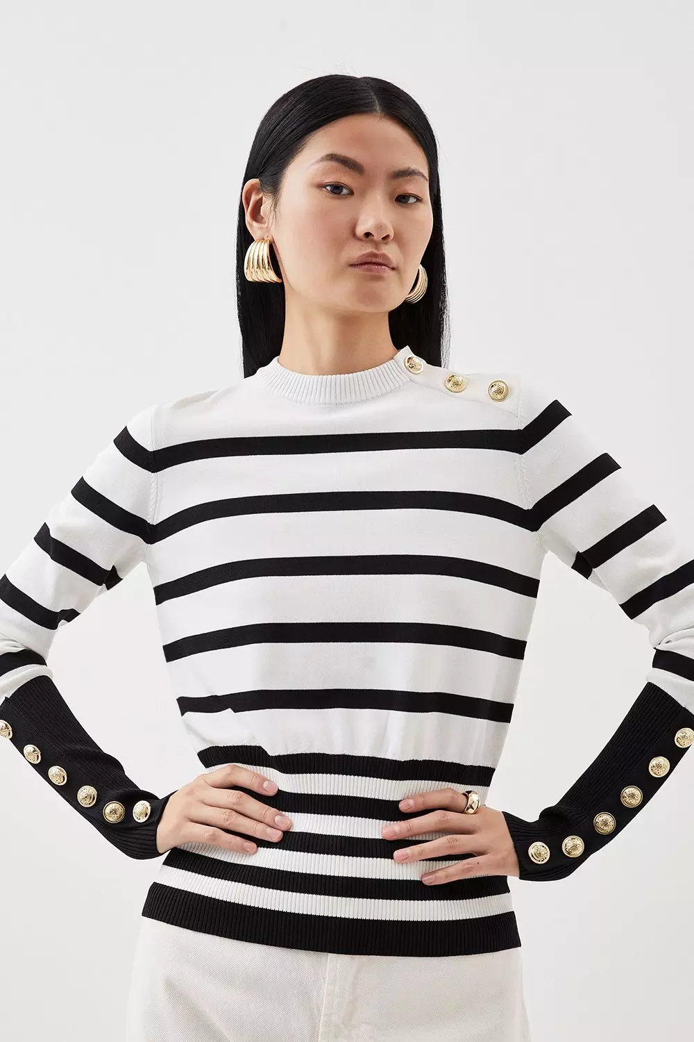 Rib Knit Military Trim Striped Sweater | Karen Millen