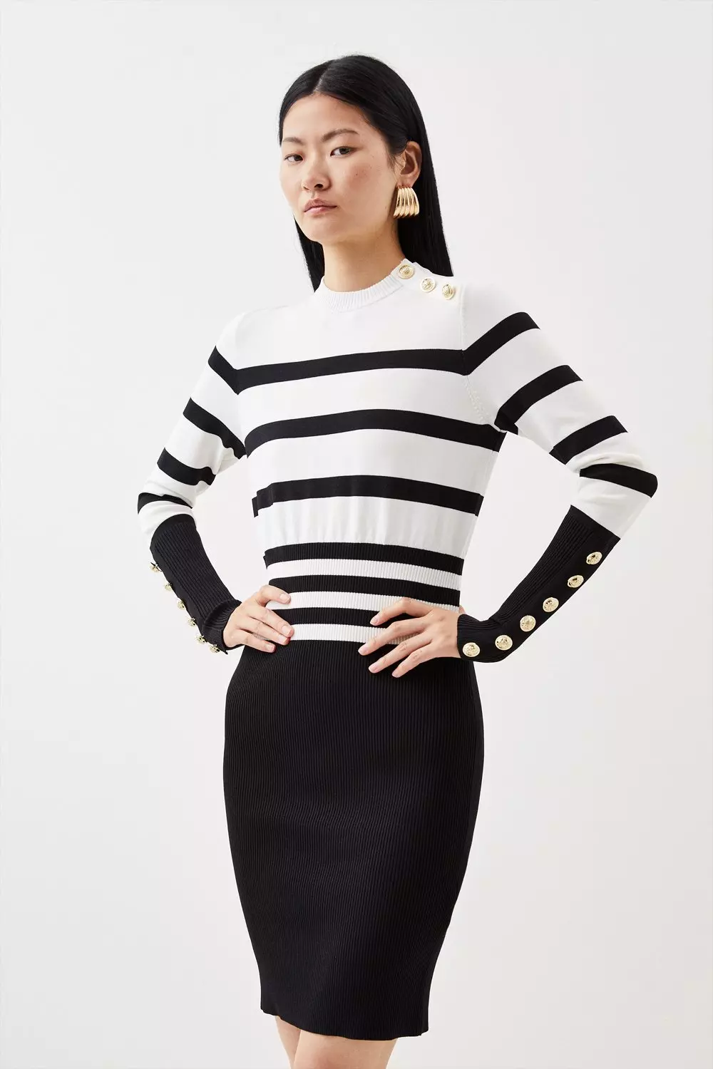 Viscose Blend Rib Knit Military Midi Jumper Dress Karen Millen