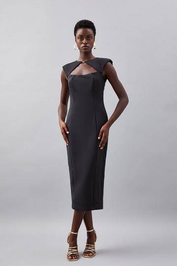 Black Scuba Crepe Bandeau Cut Out Woven Midi Dress