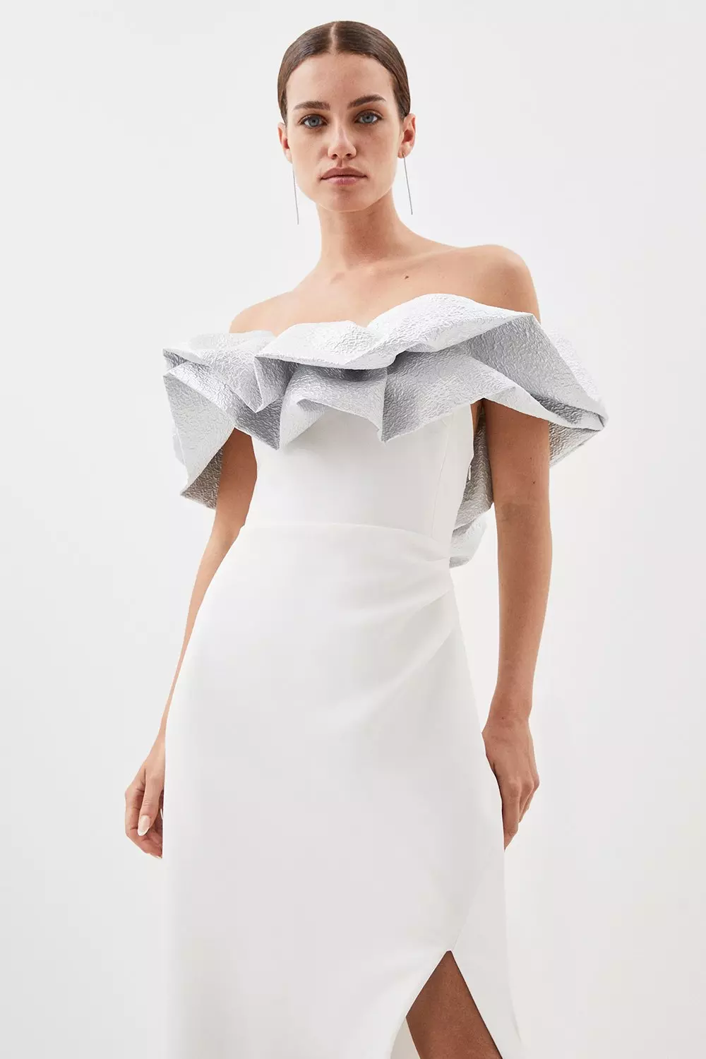 White ruffle bardot dress sale