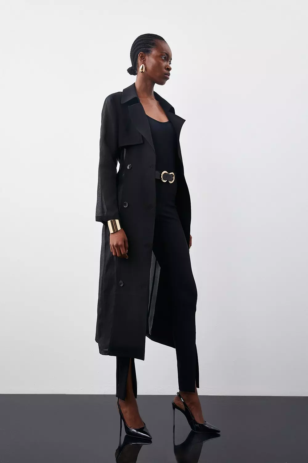 Sheer Panel Detailed Belted Trench Coat Karen Millen