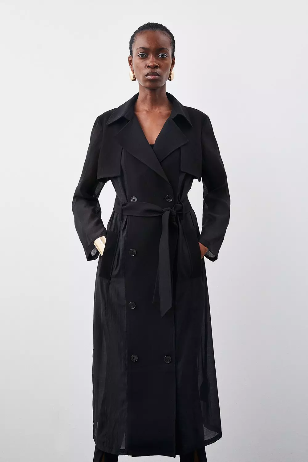 Sheer Panel Detailed Belted Trench Coat