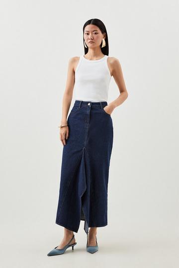 Tailored Asymmetric Maxi Denim Skirt indigo