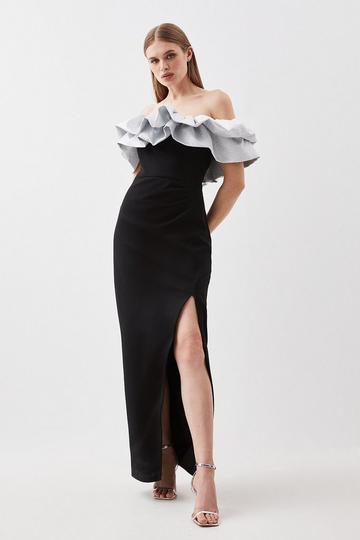 Black Structured Crepe Jacquard Ruffle Bardot Maxi Dress