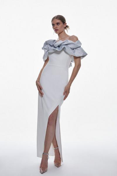 Structured Crepe Jacquard Ruffle Bardot Maxi Dress