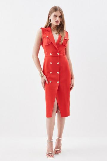 Red Compact Stretch Double Breasted Sleeveless Midi Dress
