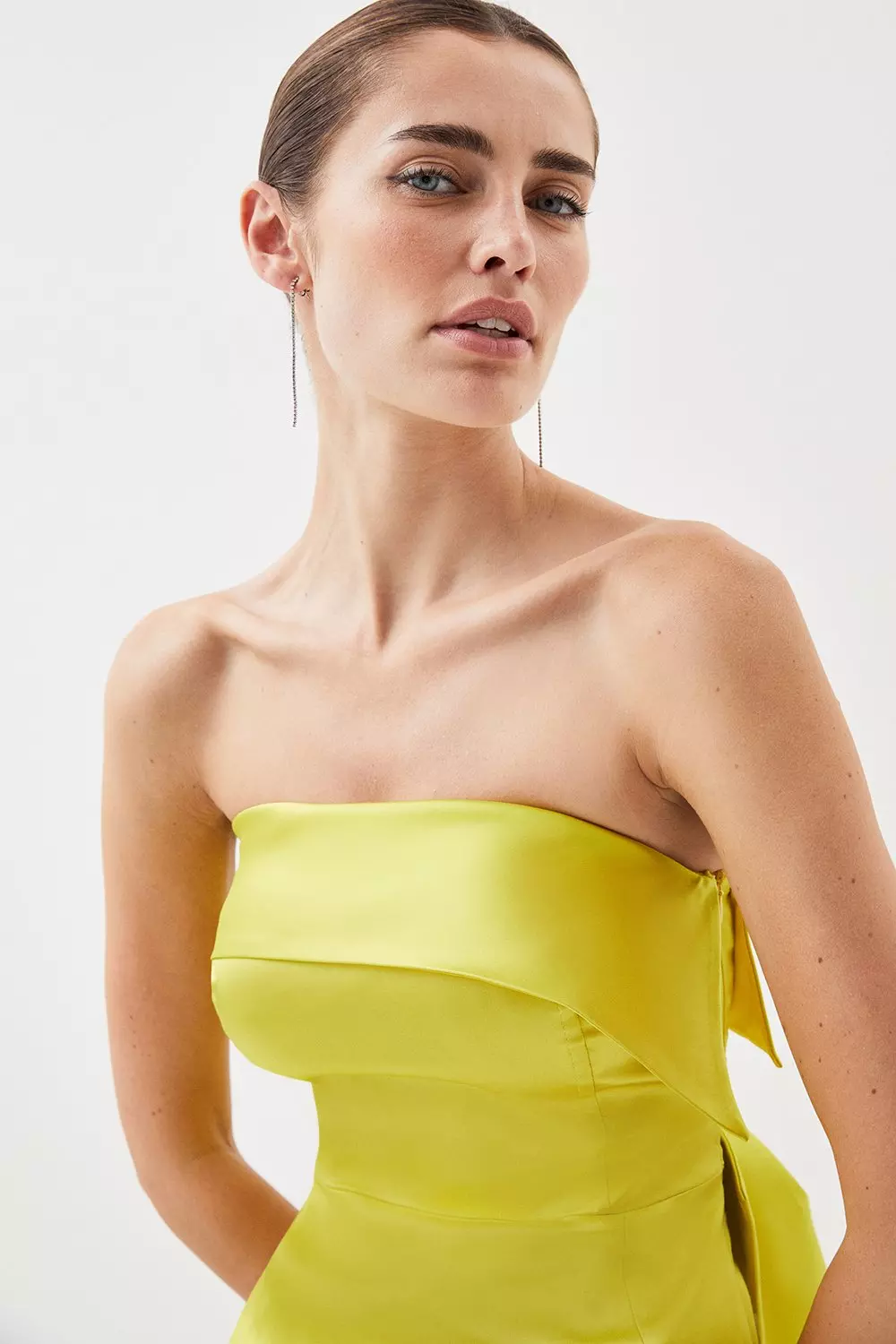 Italian Satin Bandeau Structured Bow Detail Midi Dress